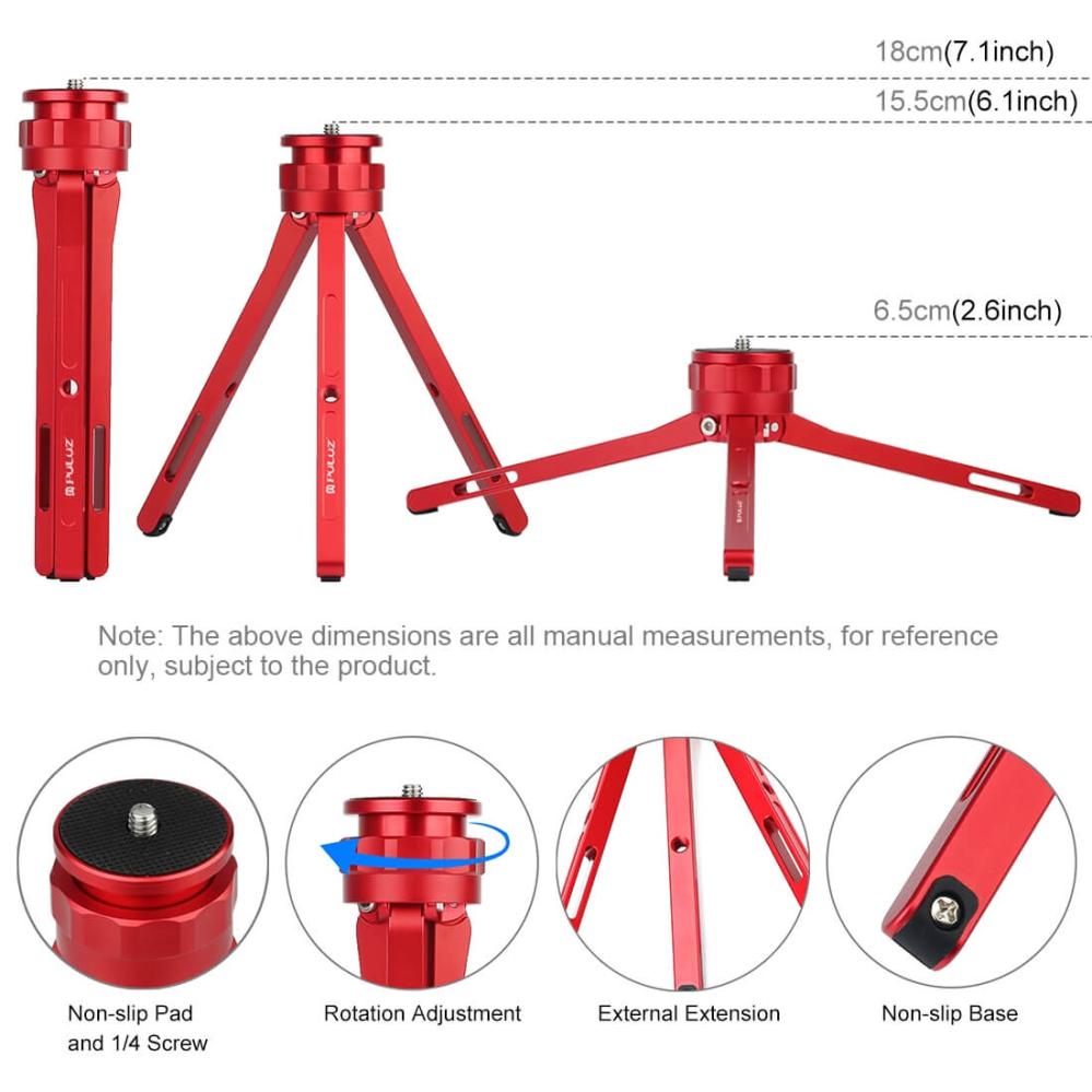 Puluz 15.5cm Ministativ röd för kamera & mobilhållare av aluminium