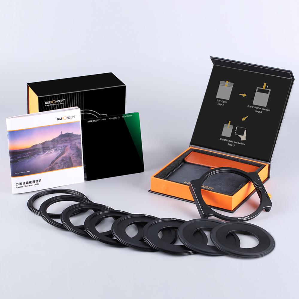K&F Concept 100 mm filterkit ND1000 og filterholder med 8 adapterringe