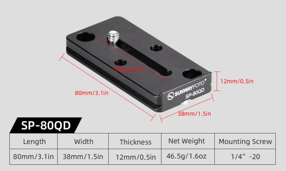 Sunwayfoto SP-80QD kameraplatta för teleobjektiv med QD-hål