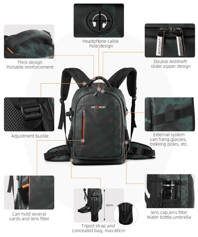 K&F Concept Kameraryggsäck med stor kameraförvaring IPX4