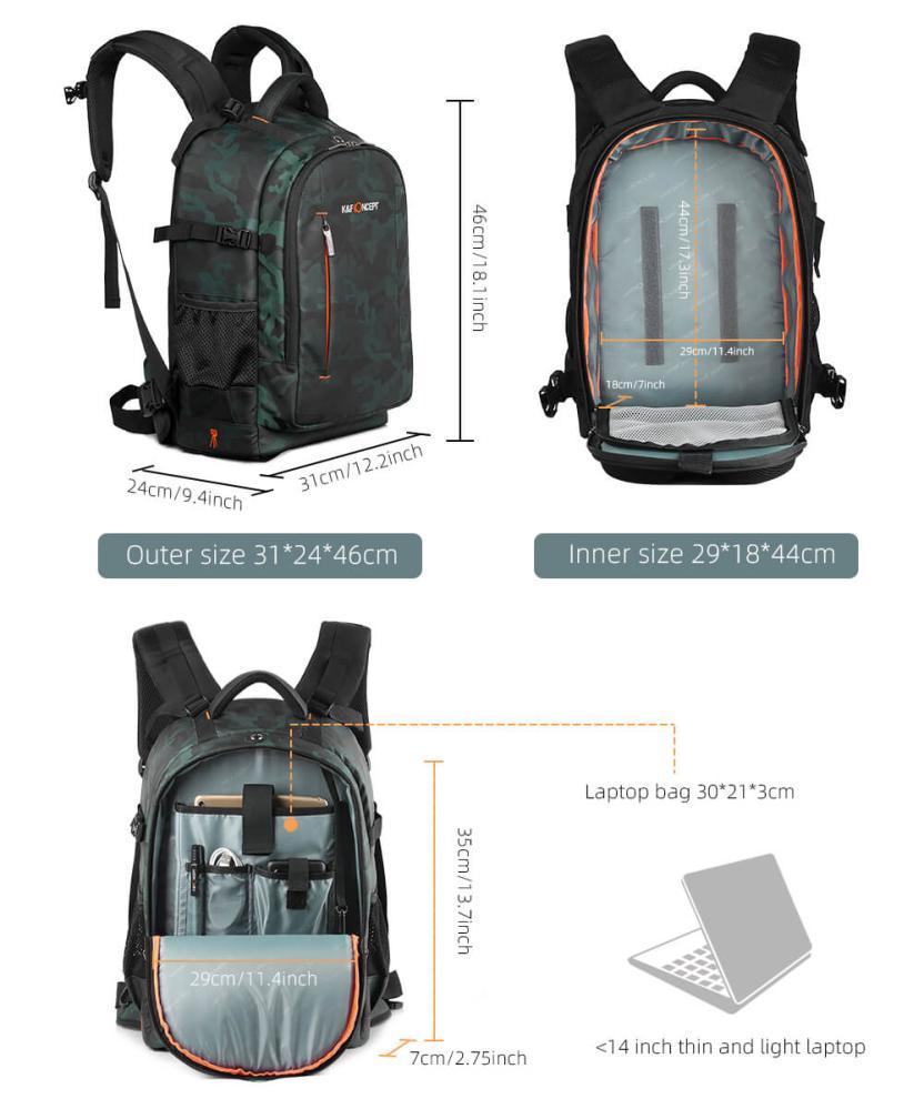 K&F Concept Kameraryggsäck med stor kameraförvaring IPX4