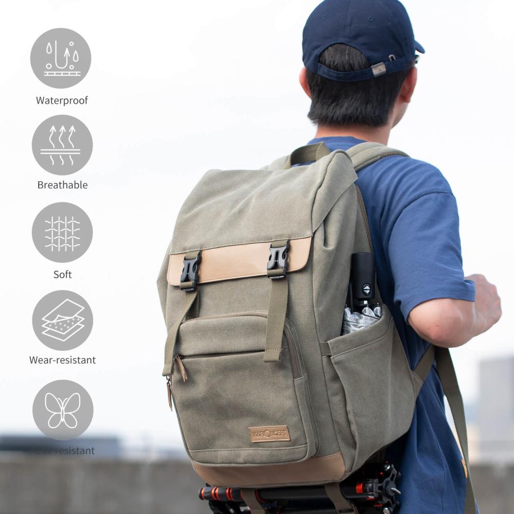 K&F Concept Kameraryggsäck kamoflagegrön Canvas med uttagbar innerskydd/insats