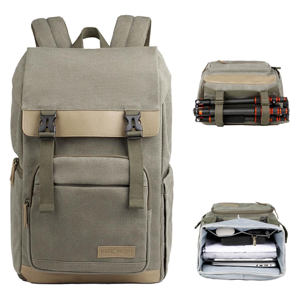 K&F Concept Kameraryggsäck kamoflagegrön Canvas med uttagbar innerskydd/insats