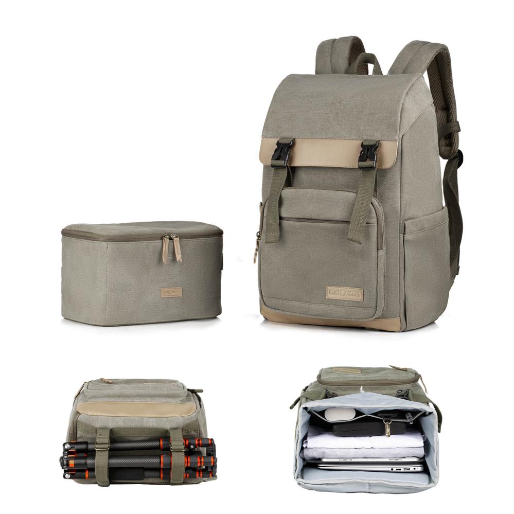 K&F Concept Kameraryggsäck kamoflagegrön Canvas med uttagbar innerskydd/insats