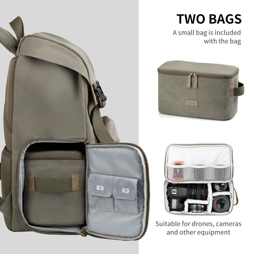 K&F Concept Kameraryggsäck kamoflagegrön Canvas med uttagbar innerskydd/insats