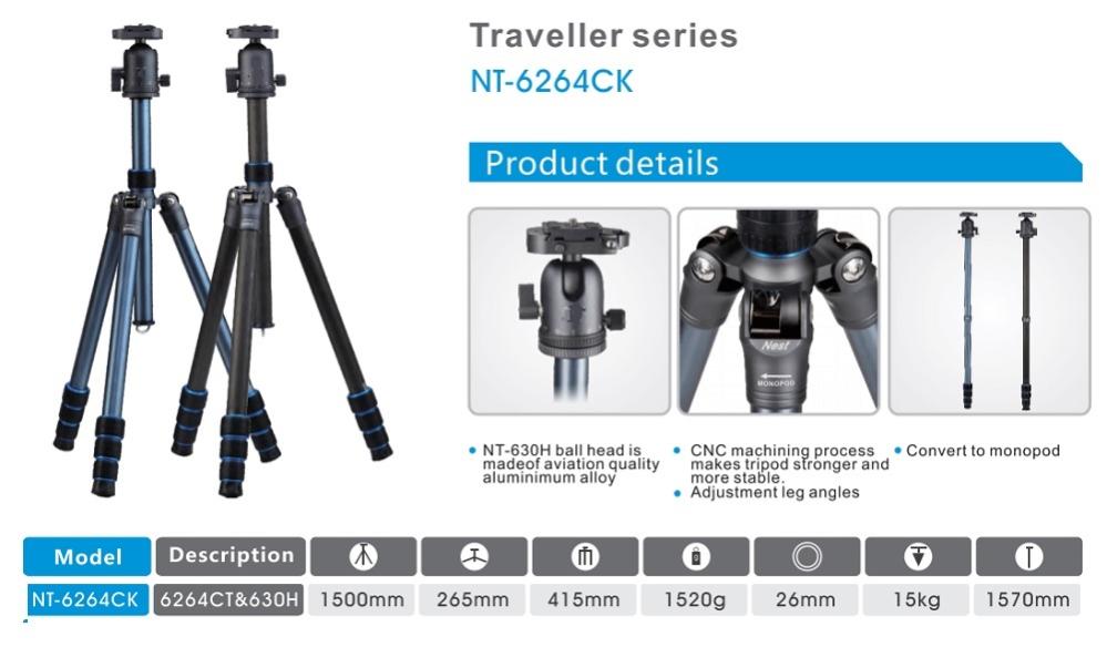 Nest 6264CK Kamerastativ 150cm kolfiber med kulled NT-630H