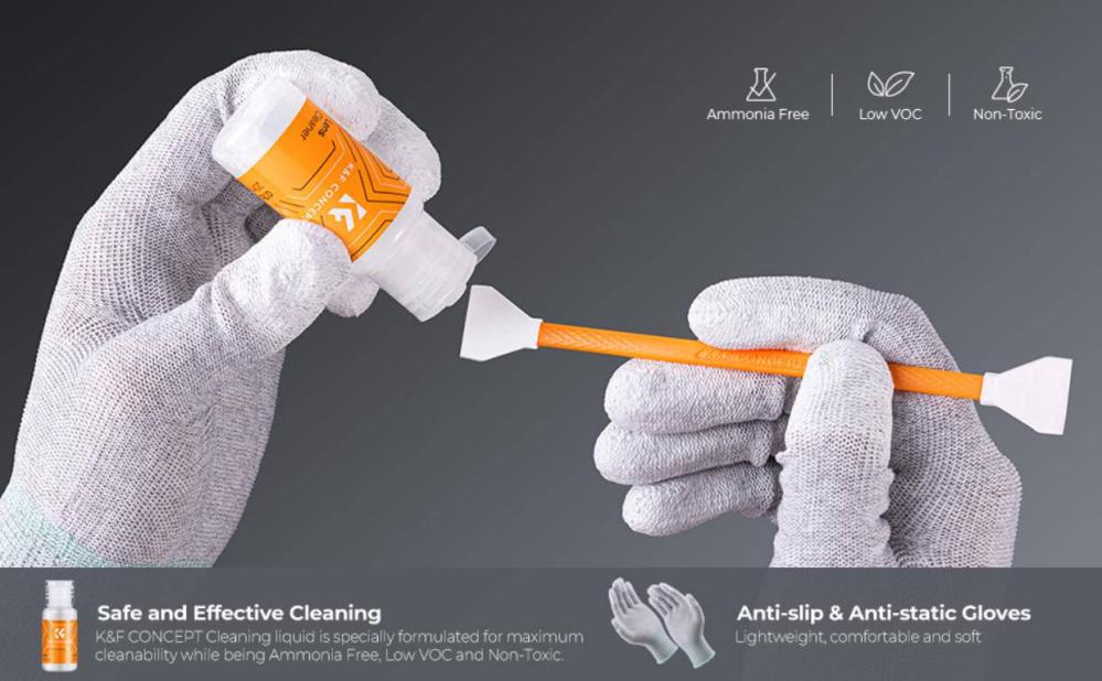 K&F Concept 10 stk rensesticks & rensevæske til fullformatkameraer
