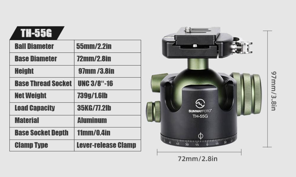 Sunwayfoto TH-55G lavprofil kuglehoved med høj bæreevne