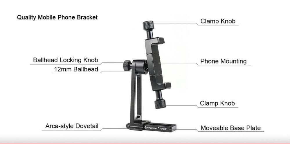 Sunwayfoto Mobilhållare/mobilställ justerbar 360 grader Arca Swiss type