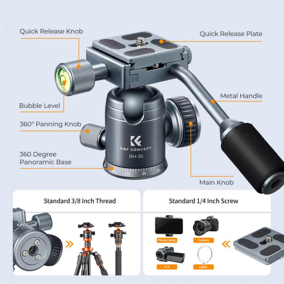 K&F Concept BH-26 Kuglehoved med panorama-indeksering med håndtag