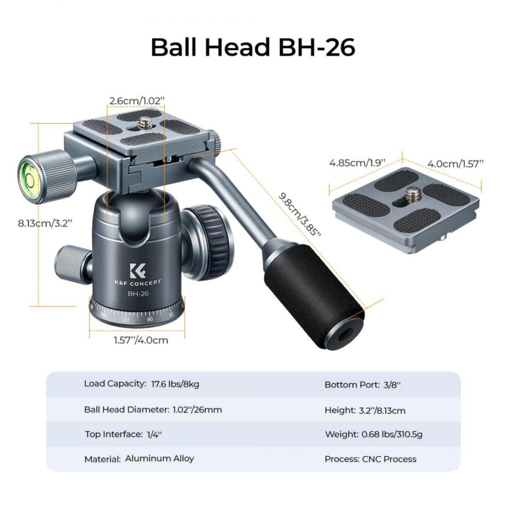 K&F Concept BH-26 Kuglehoved med panorama-indeksering med håndtag