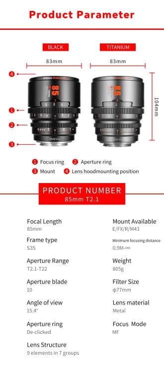 7Artisans 85mm T2,1 S35 Cine til Fujifilm X