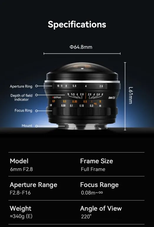 AstrHori 6mm f/2,8 Fisheye til Canon RF (fullformat, cirkulært billede)