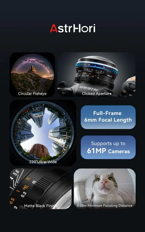AstrHori 6mm f/2,8 Fisheye til Canon RF (fullformat, cirkulært billede)