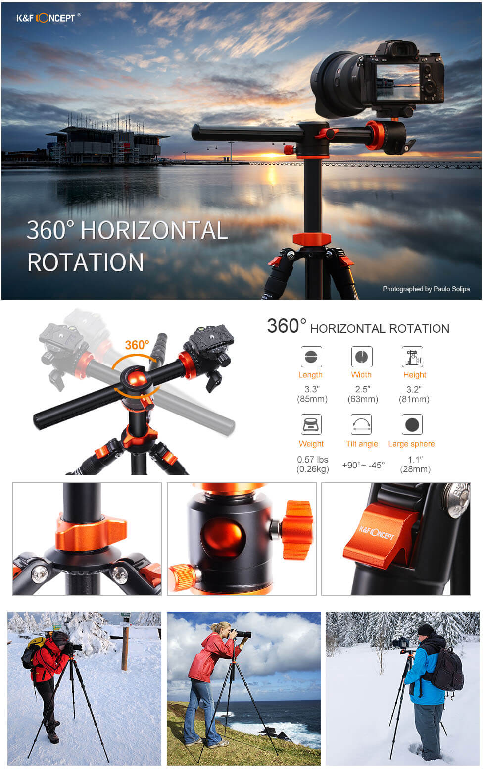 K&F Concept Kamerastativ med kulled & fällbar mittpelare 185cm