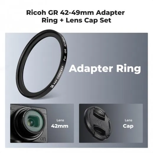 K&F Concept step-up-ring 42–49 mm med objektivdæksel til Ricoh GR-serien