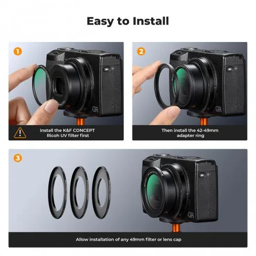 K&F Concept step-up-ring 42–49 mm med objektivdæksel til Ricoh GR-serien