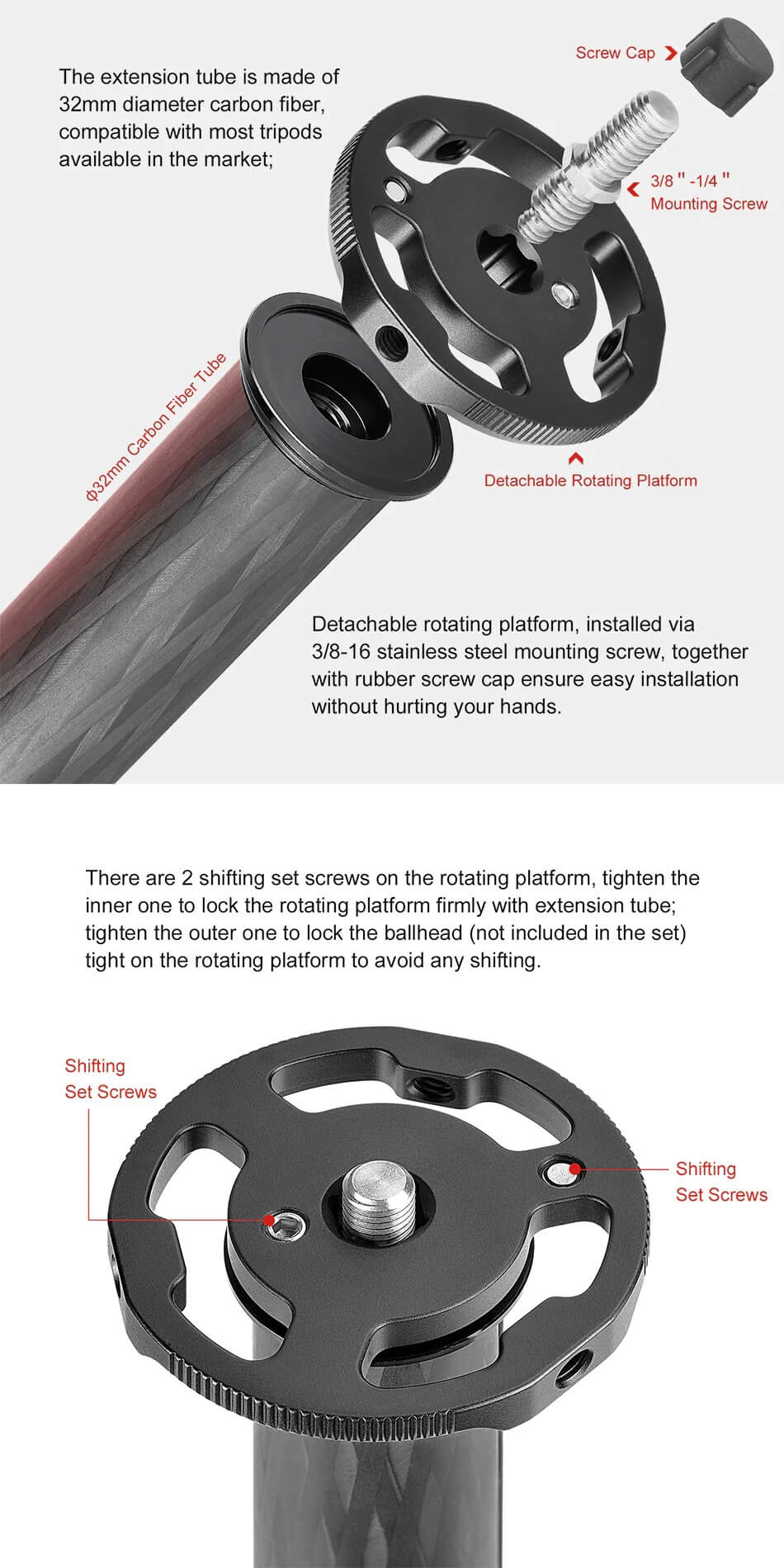 Sunwayfoto CCB-01 Mittpelare 360° roterbar av kolfiber med 2-vägshuvud