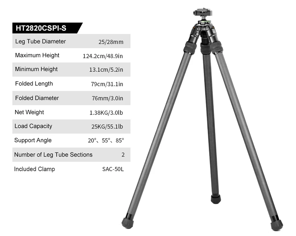 Sunwayfoto HT2820CSPI-S kulfiberstativ 124 cm med integreret kuglehoved og Arca