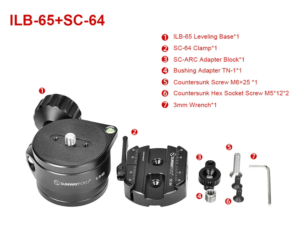 Sunwayfoto ILB-65+SC-64 65 mm nivelleringsbase med Arca-Swiss hurtigkobling