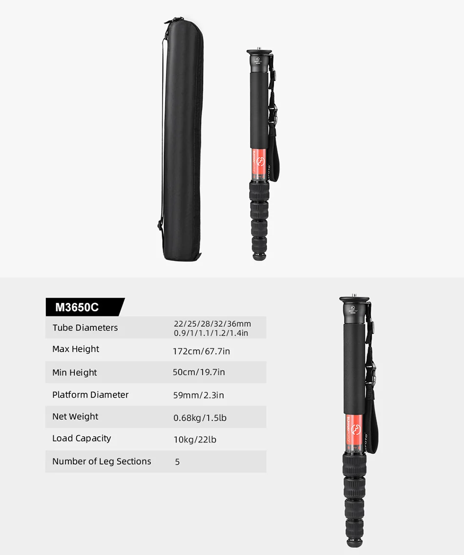 Sunwayfoto M3650C etbensstativ i kulfiber – 172 cm, 10 kg