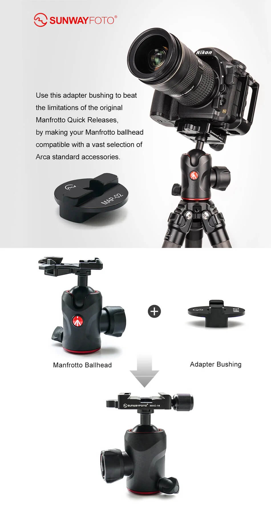 Sunwayfoto MAP-01 Adapter som anpassar Arca Swiss till Manfrotto kulleder