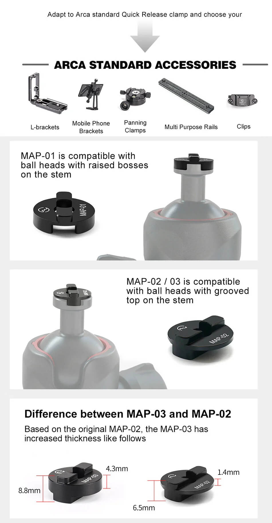 Sunwayfoto MAP-01 Adapter som anpassar Arca Swiss till Manfrotto kulleder