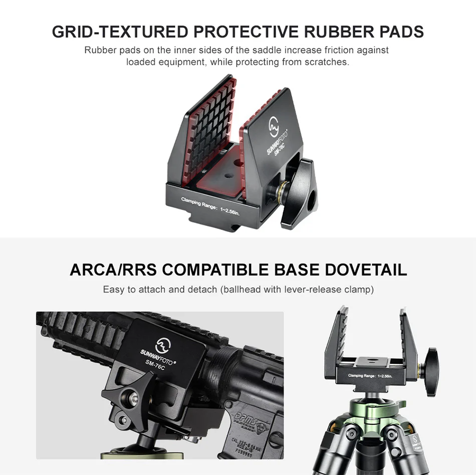 Sunwayfoto SM-76C Saddle Mount – kraftigt beslag til stativ med Arca-Swiss