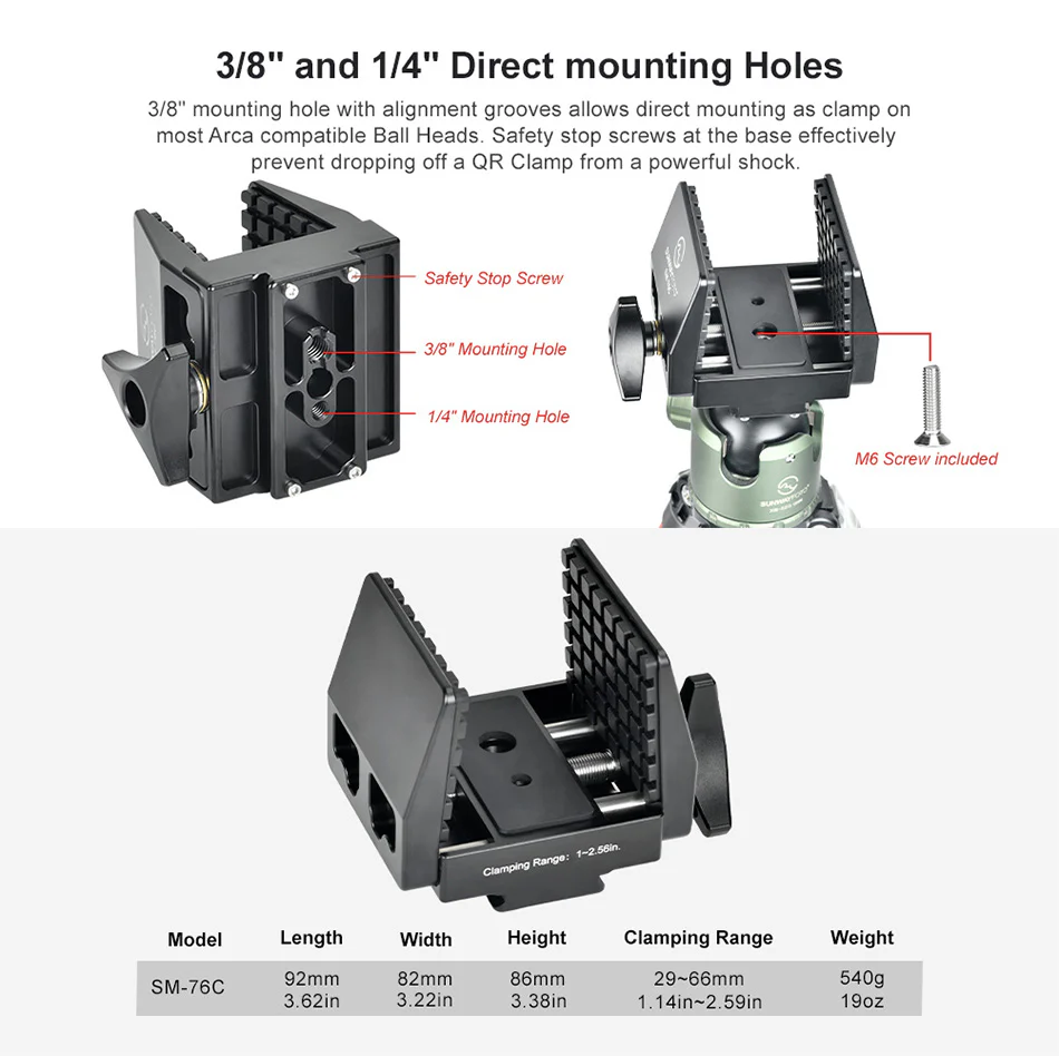Sunwayfoto SM-76C Saddle Mount – kraftigt beslag til stativ med Arca-Swiss