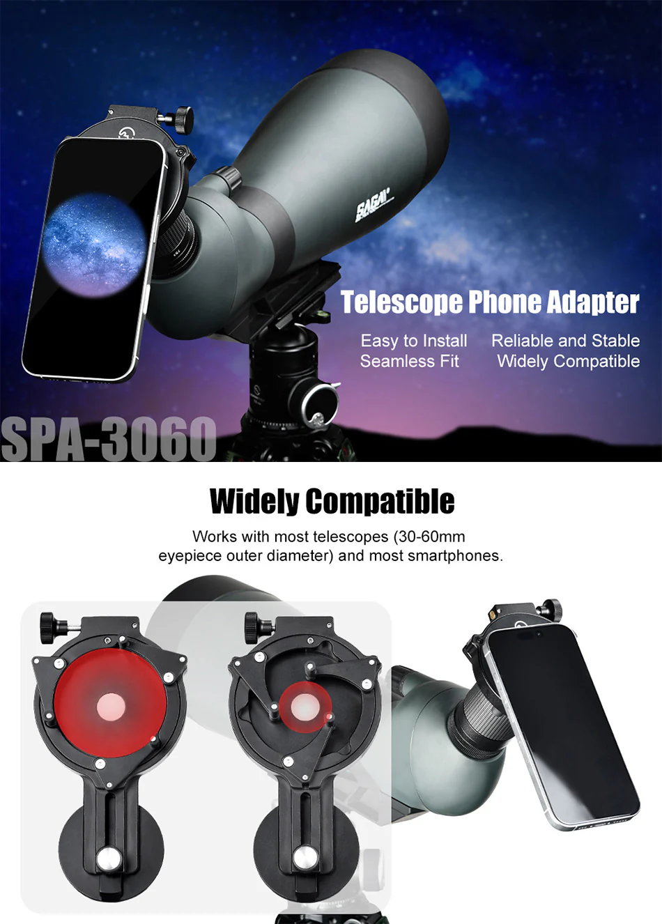 Sunwayfoto SPA-3060 – magnetisk mobiladapter til kikkert og mikroskop