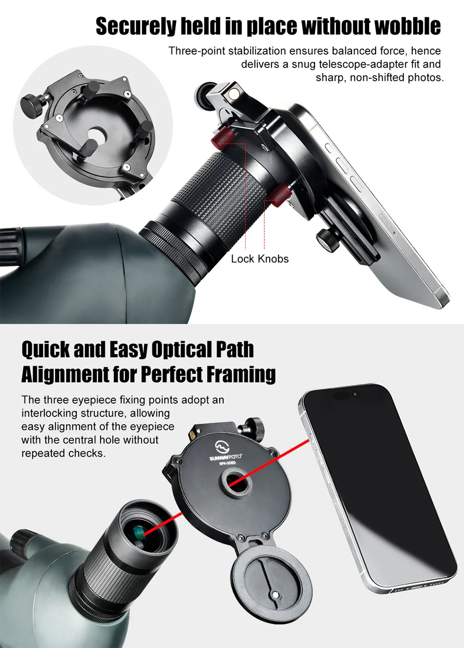 Sunwayfoto SPA-3060 – magnetisk mobiladapter til kikkert og mikroskop