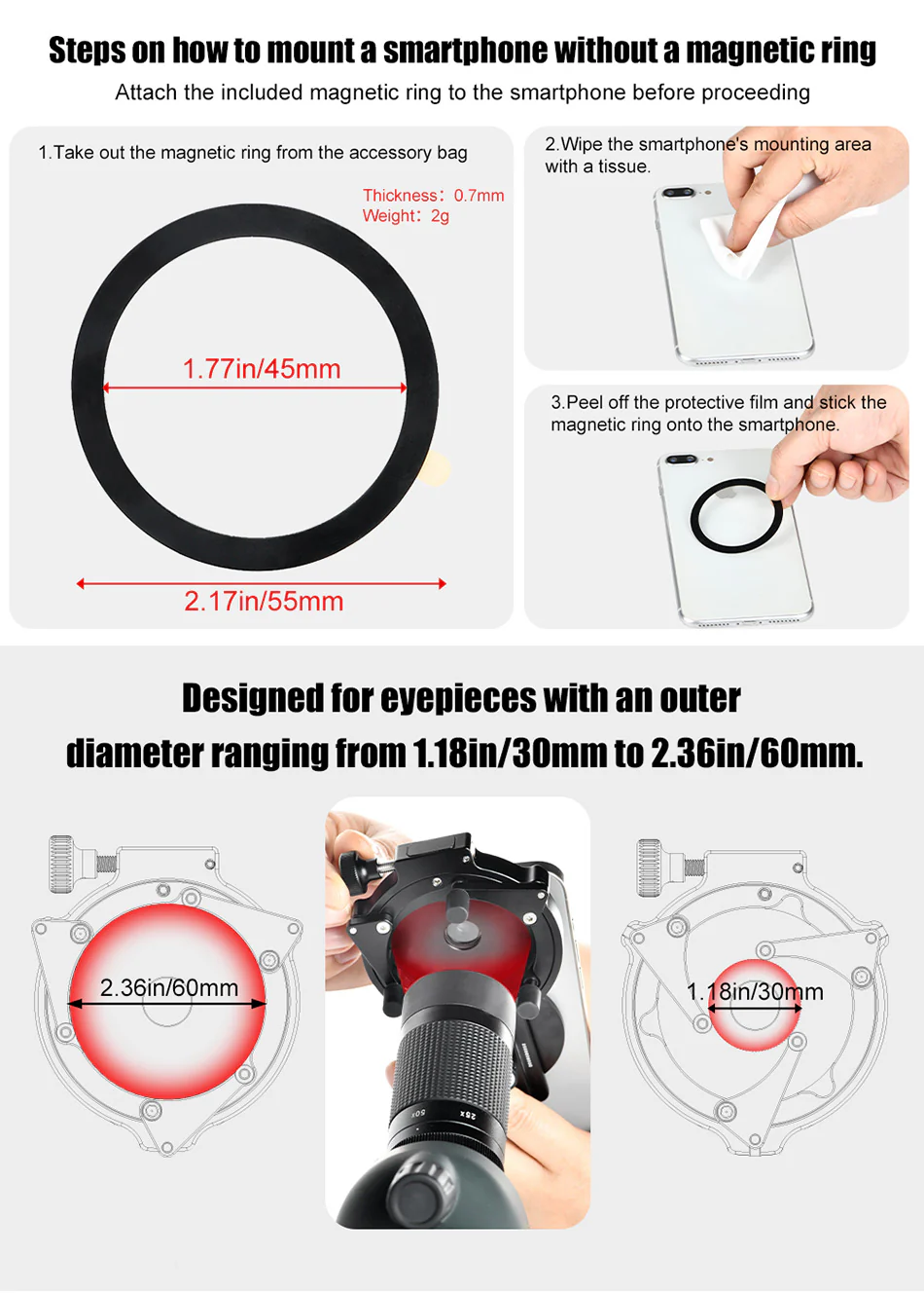Sunwayfoto SPA-3060 – magnetisk mobiladapter til kikkert og mikroskop