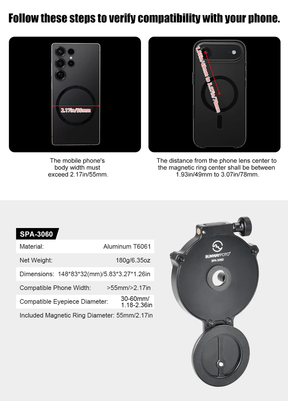 Sunwayfoto SPA-3060 – magnetisk mobiladapter til kikkert og mikroskop