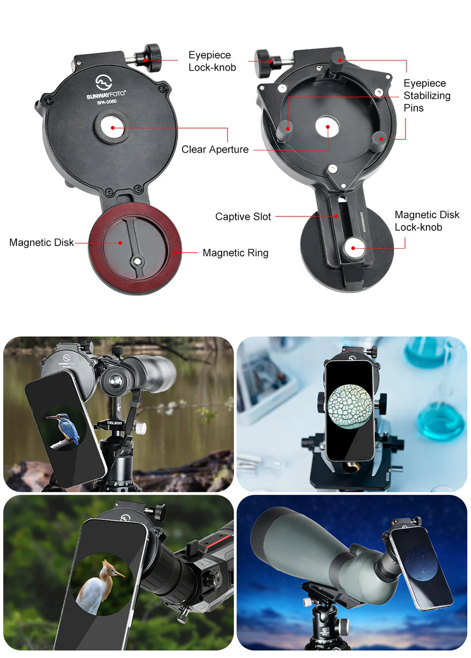 Sunwayfoto SPA-3060 – magnetisk mobiladapter til kikkert og mikroskop