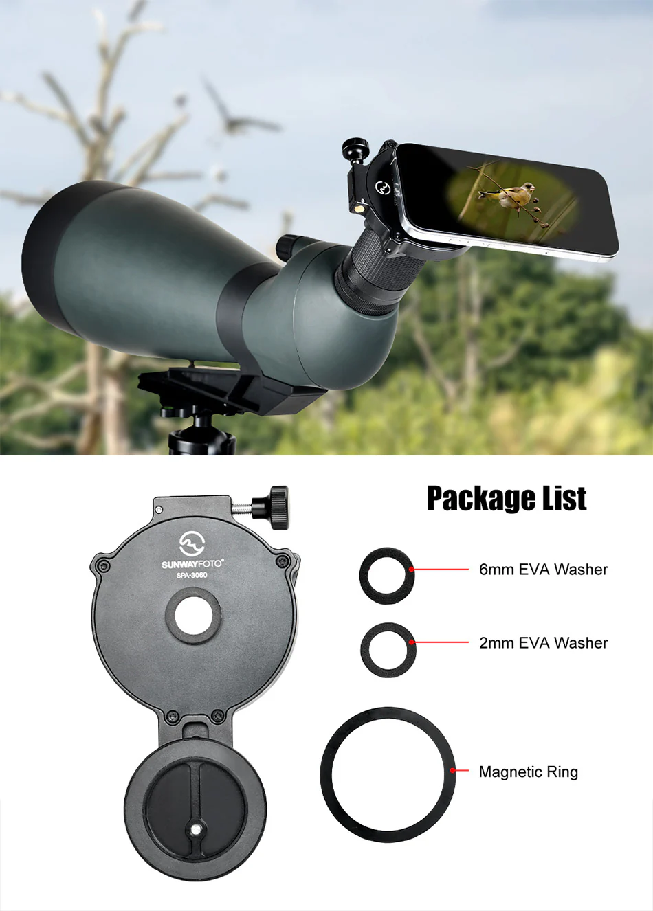 Sunwayfoto SPA-3060 – magnetisk mobiladapter til kikkert og mikroskop